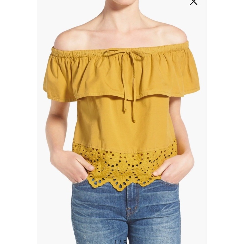 Madewell Eyelet Balcony Off-The-Shoulder Top Size Large Mustard Yellow - Picture 7 of 7